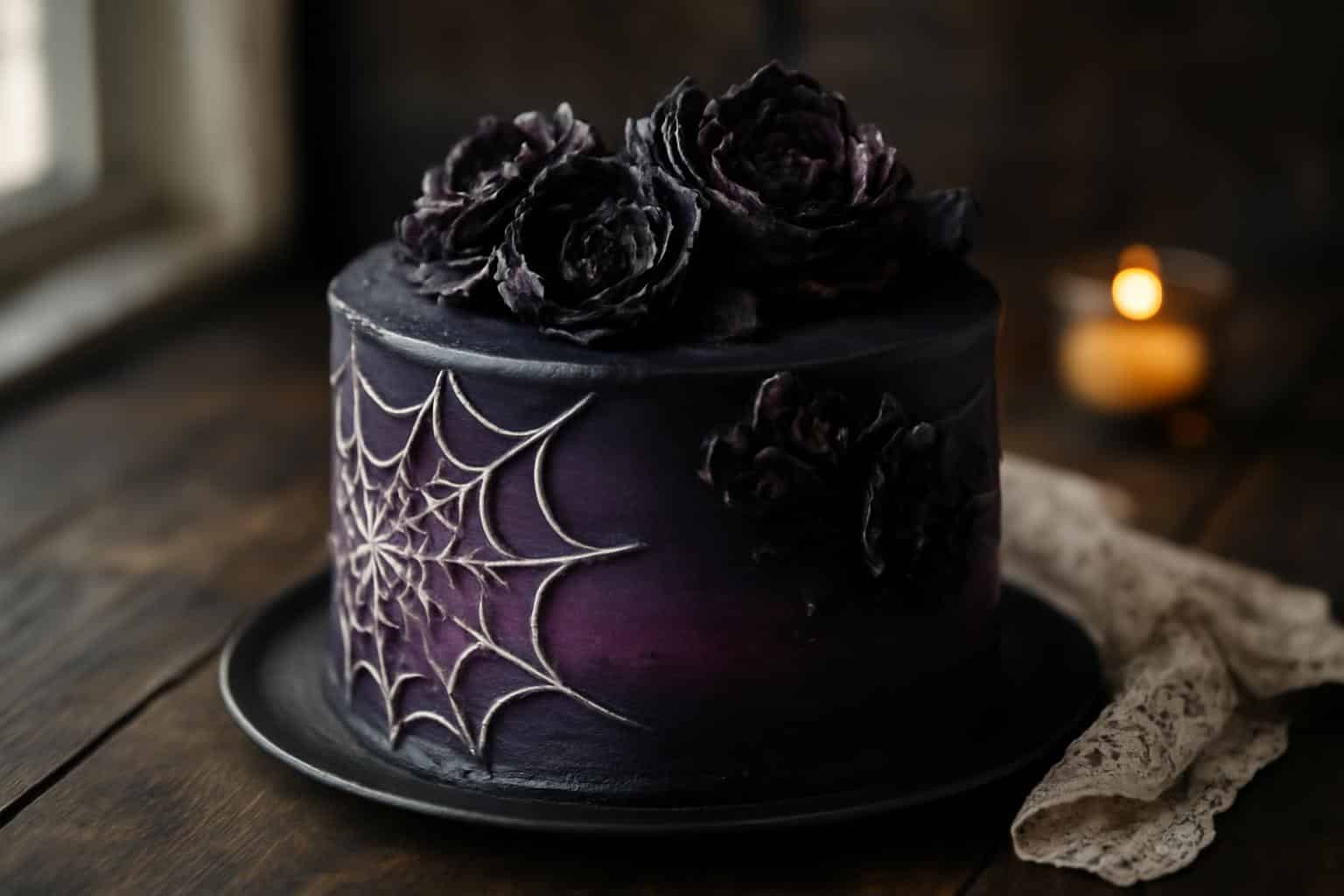 Whimsy gothic style buttercream cake ideas with spiderweb and dark floral decorations