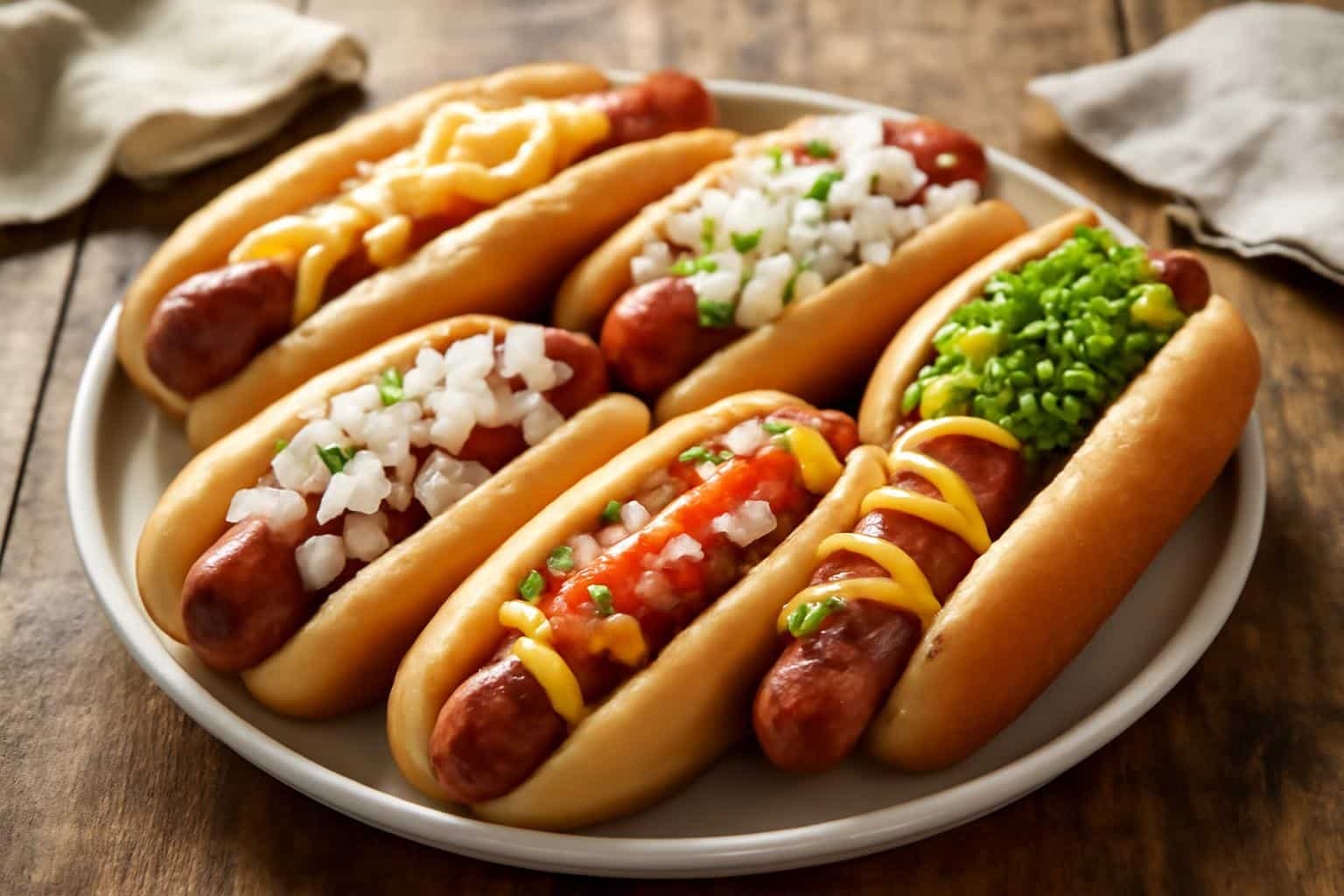 Assorted grilled hot dogs with various toppings showcasing ways to cook hot dogs