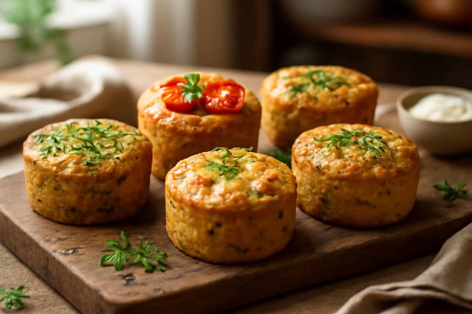 Five savory cakes appetizers beautifully arranged with herbs and colorful garnishes under natural light