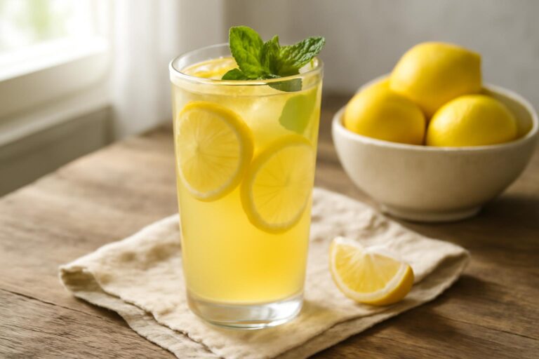 A tall glass of fresh lemonade with lemon slices and mint leaves, perfect lemonade recipes for summer