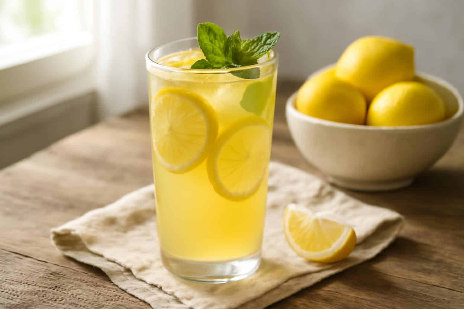 A tall glass of fresh lemonade with lemon slices and mint leaves, perfect lemonade recipes for summer