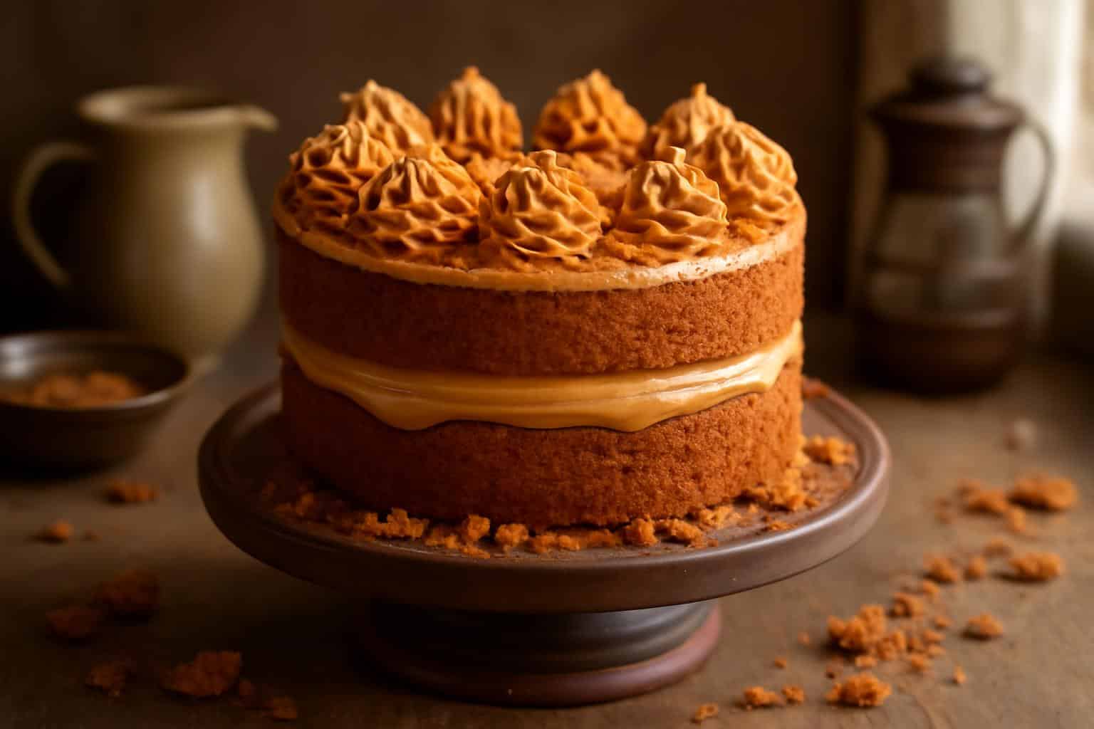 6in two-layer biscoff cake filled with creamy biscoff butter and biscoff cookie pieces