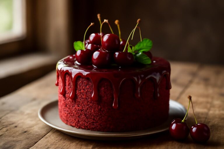 Aesthetic cherry red cake with glossy cherry glaze and fresh cherry garnish in natural light