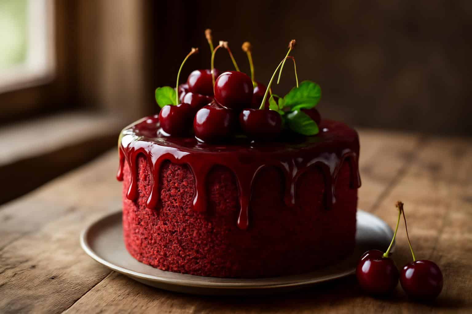 Aesthetic cherry red cake with glossy cherry glaze and fresh cherry garnish in natural light
