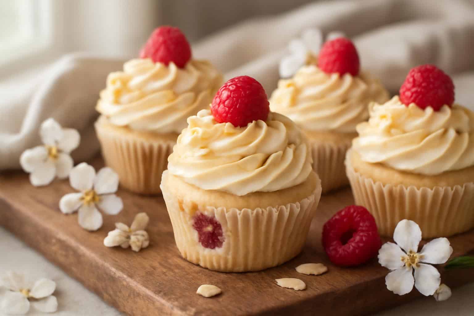 Almond wedding cake cupcakes with raspberry filling beautifully frosted and garnished with fresh raspberries