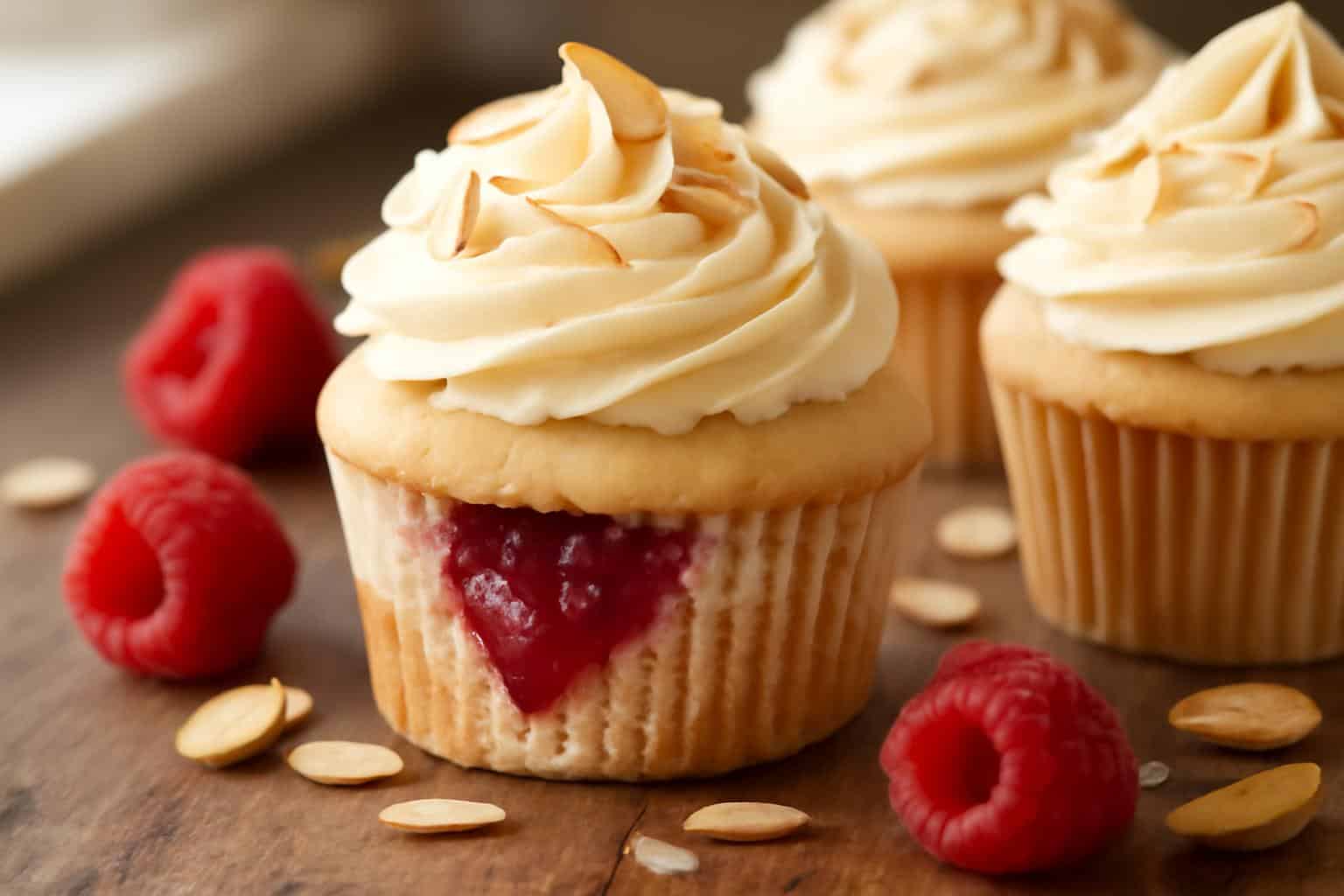 Almond wedding cake cupcakes with raspberry filling topped with almond buttercream and slivered almonds