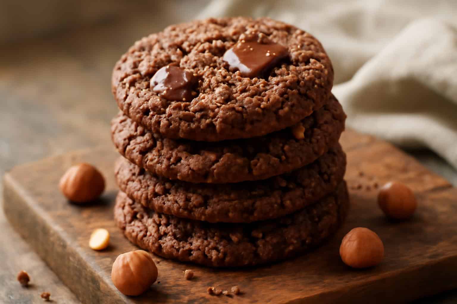 Amazing chocolate hazelnut cookies with crunchy texture and melted chocolate pieces on rustic wooden board