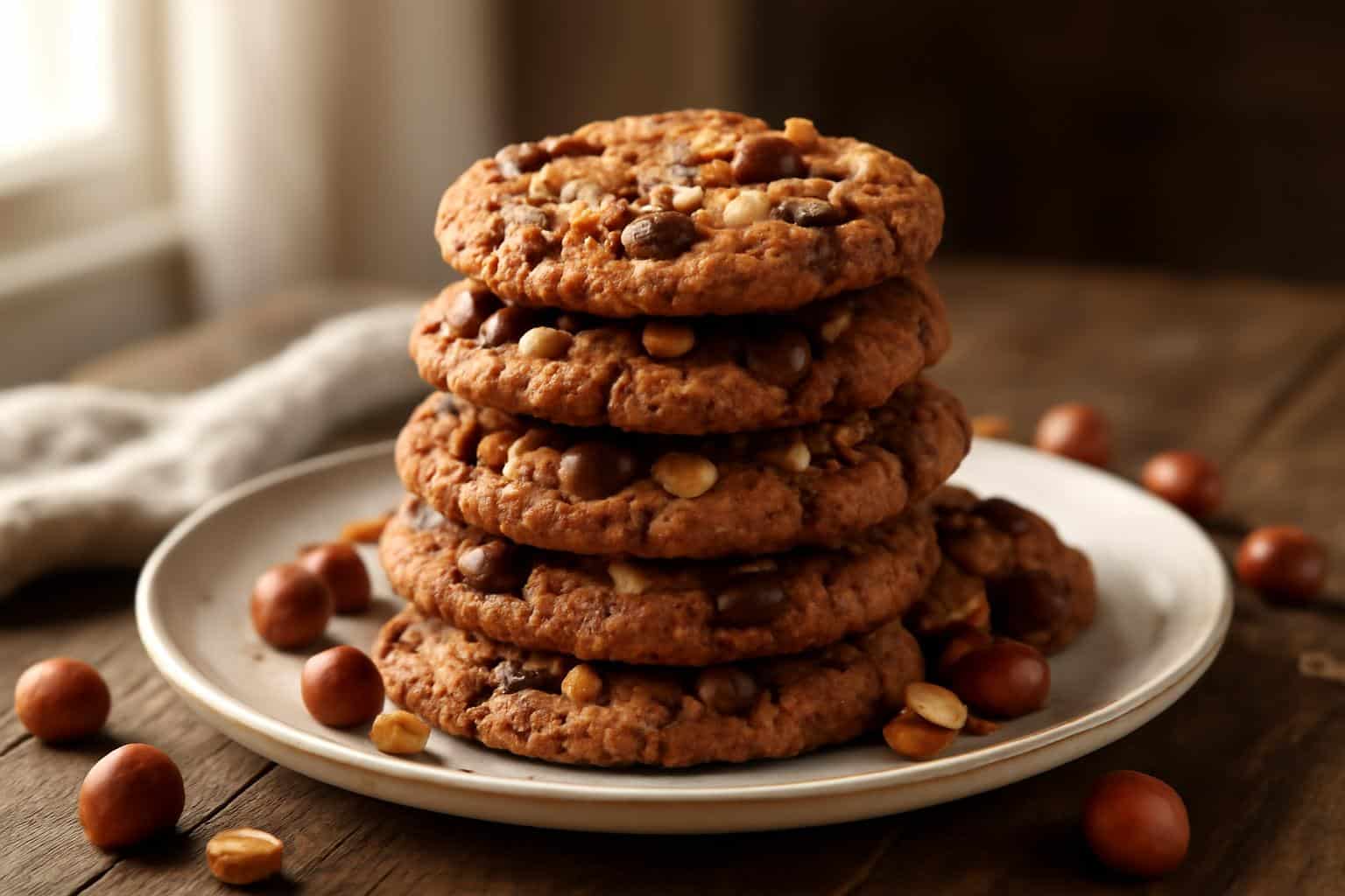 Stack of chocolate hazelnut cookies with crunchy texture and chocolate chunks