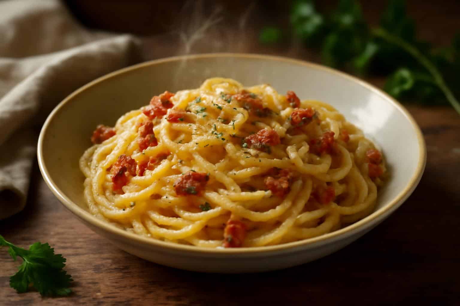 Authentic italian carbonara pasta with crispy pancetta and creamy sauce in a bowl