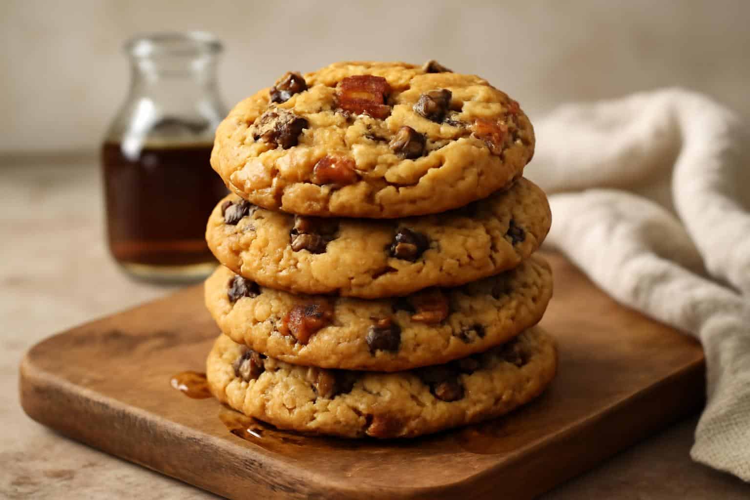 Bacon maple cookies stacked on wooden board with visible bacon bits and maple drizzle