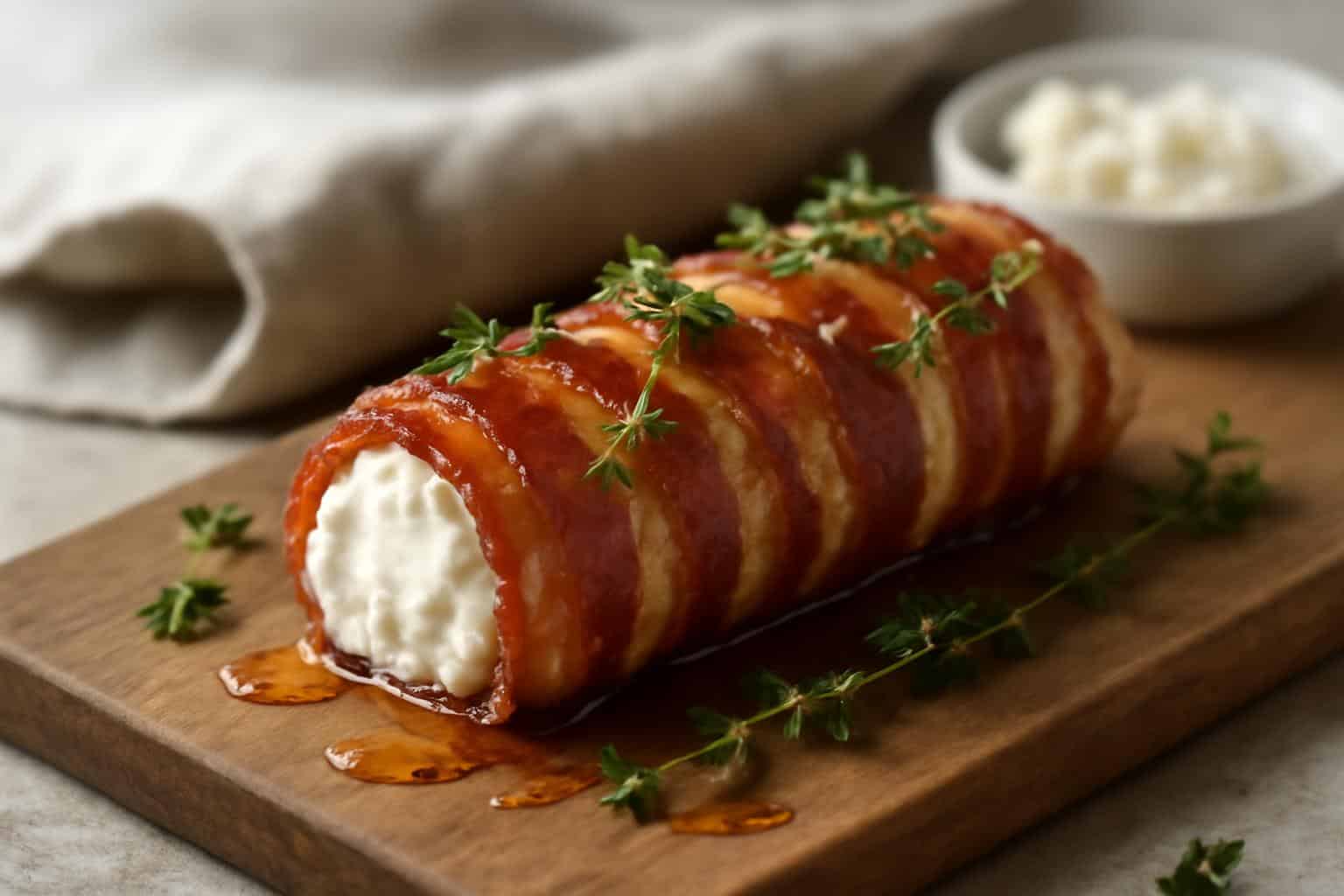 Bacon goat cheese appetizer log garnished with thyme and honey on rustic board