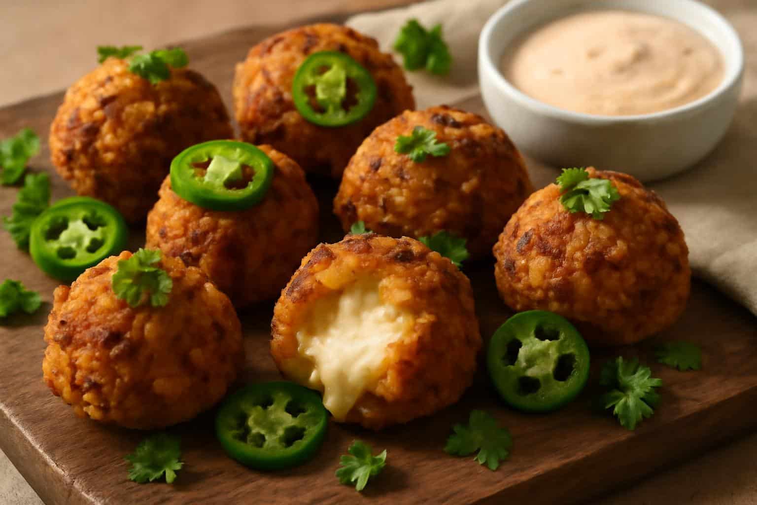 Golden bacon jalapeño popper cheese balls garnished with fresh parsley and sliced jalapeños