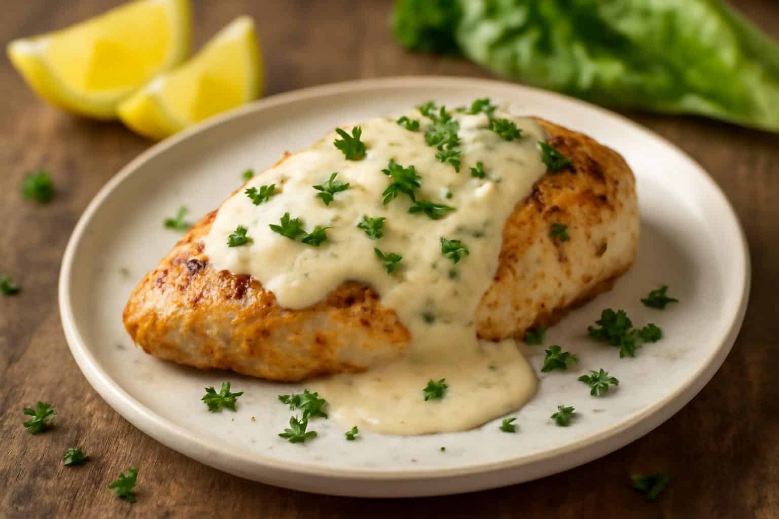 Baked caesar chicken topped with creamy parmesan sauce and garnished with parsley