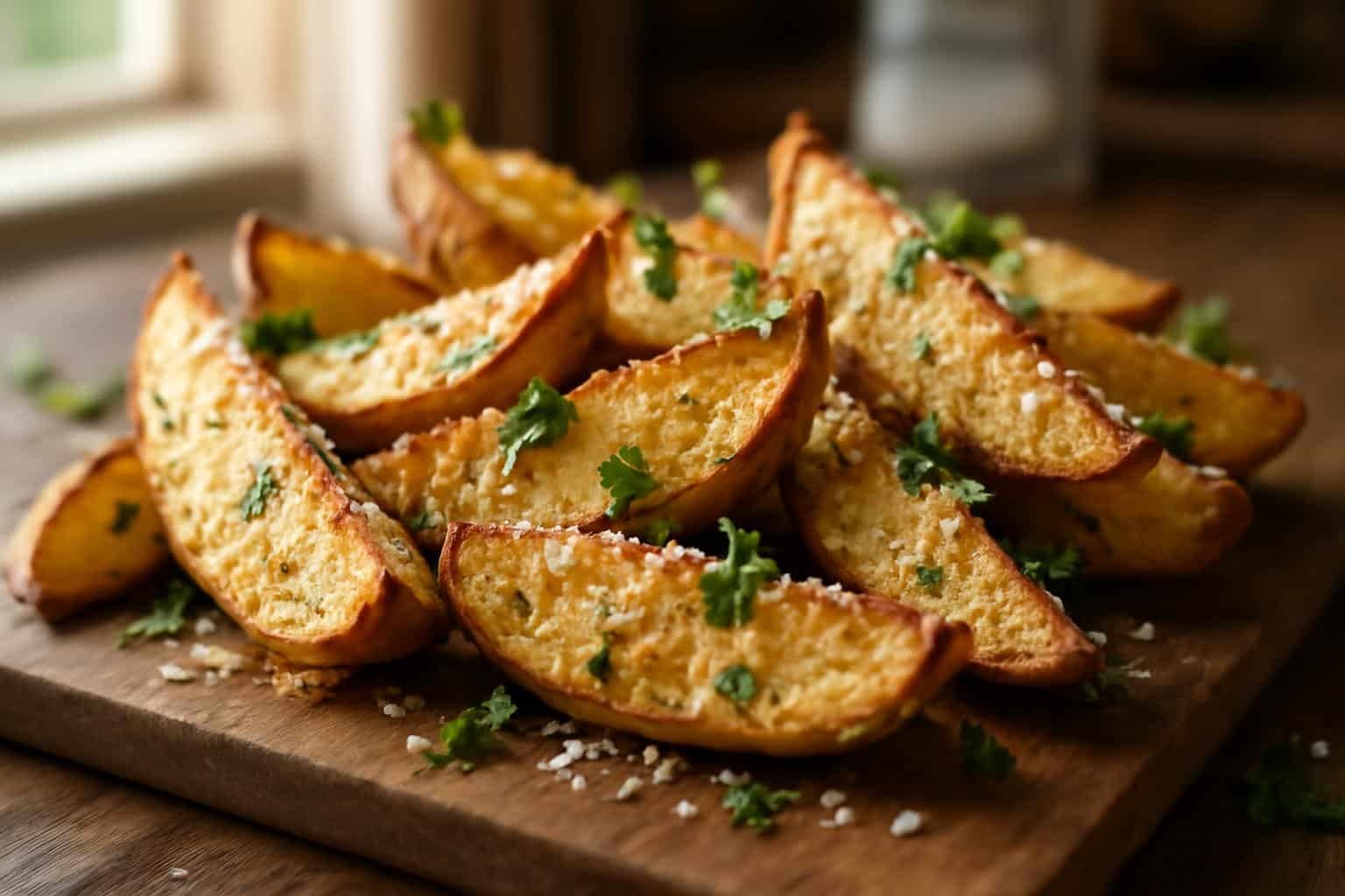 baked garlic parmesan potato wedges garnished with parsley on rustic board