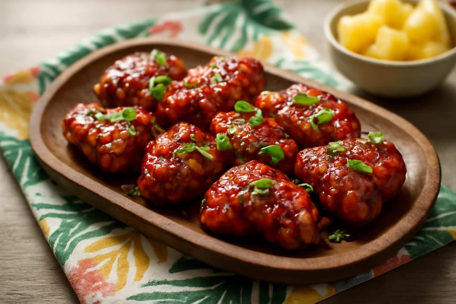 Sticky baked huli huli chicken garnished with scallions and sesame seeds