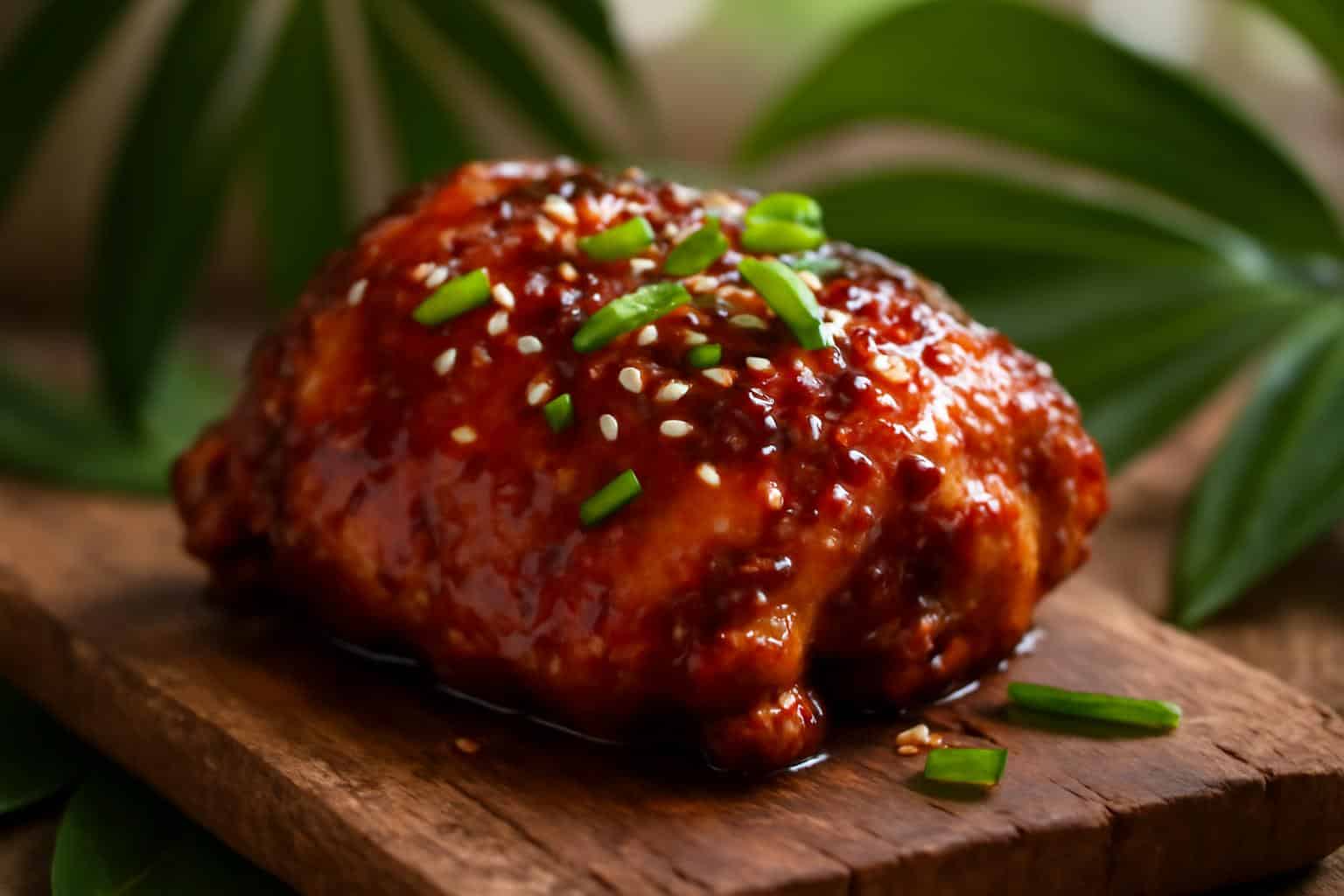 Baked huli huli chicken glazed with sticky sauce and garnished with sesame seeds and scallions