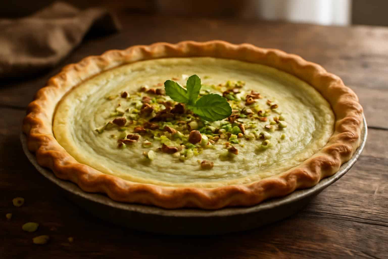Baked pistachio custard pie with golden crust garnished with crushed pistachios