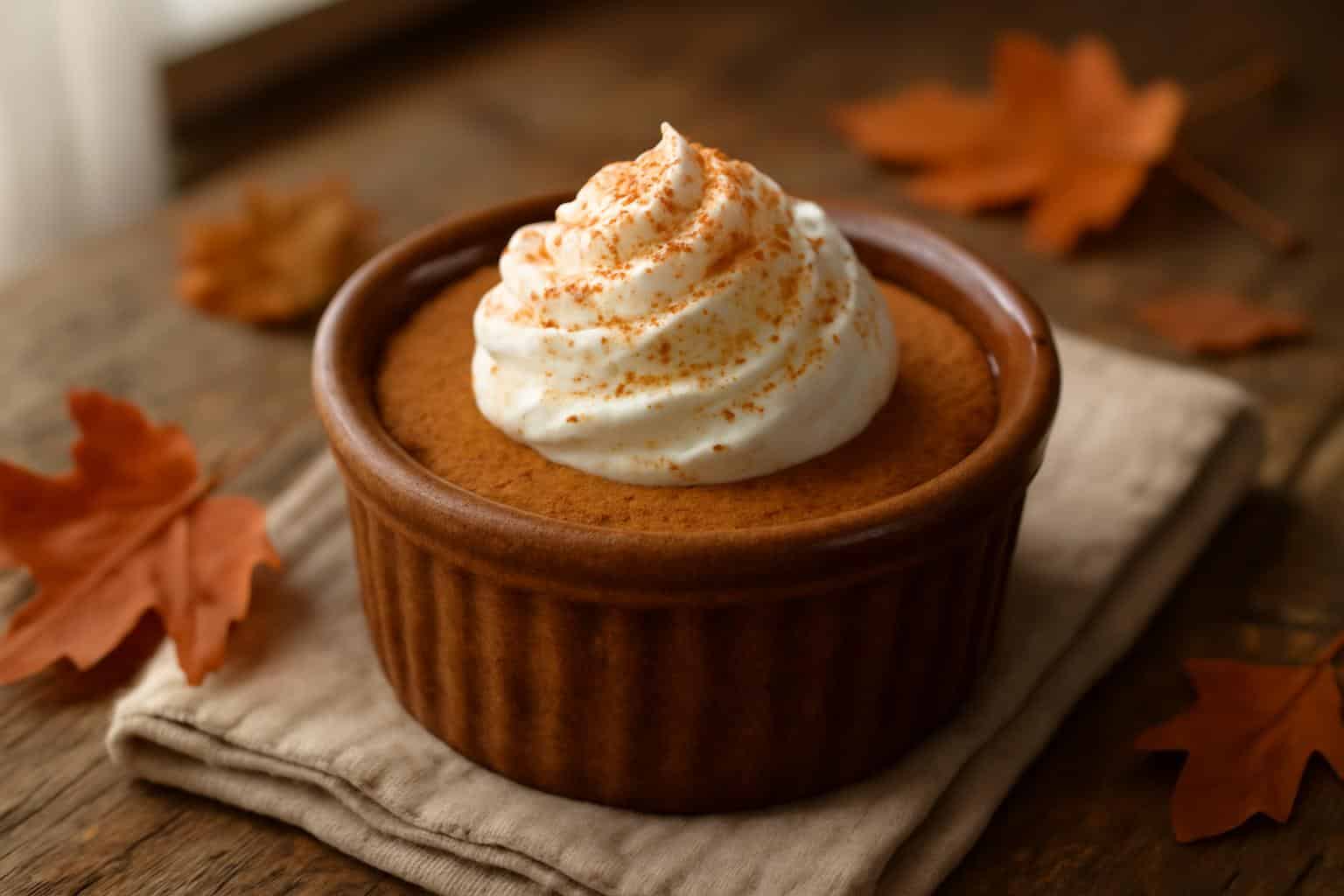 Baked pumpkin spice pudding topped with whipped cream and cinnamon in rustic ramekin