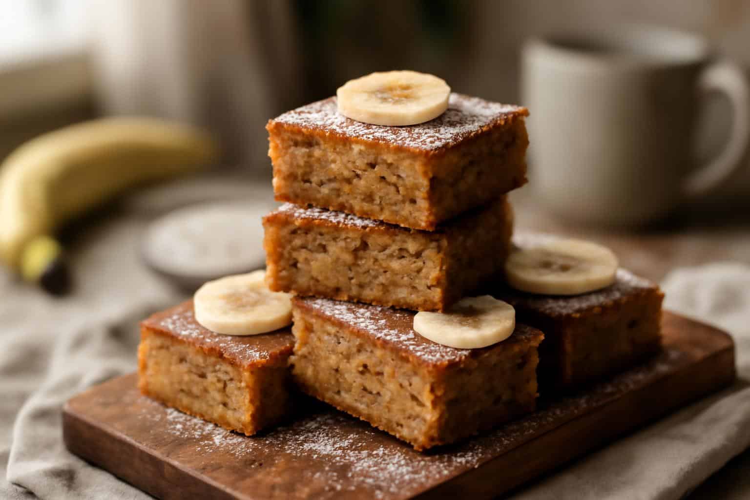 Moist and sweet banana bread brownies stacked on a wooden board with banana slice garnish