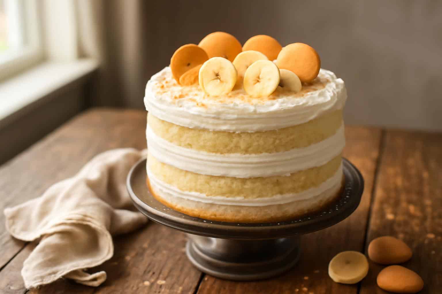 Delicious banana pudding layer cake garnished with fresh bananas and vanilla wafers