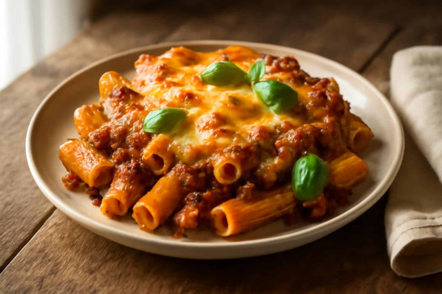 Beef rigatoni cheese bake with golden crispy cheese crust garnished with fresh basil