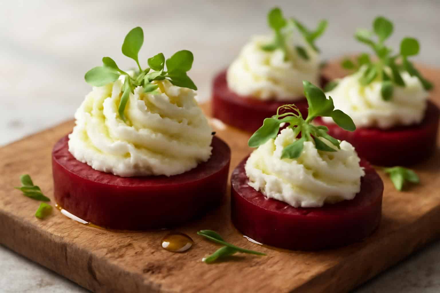 Whipped feta canapés topped with roasted beets and fresh herbs on rustic board