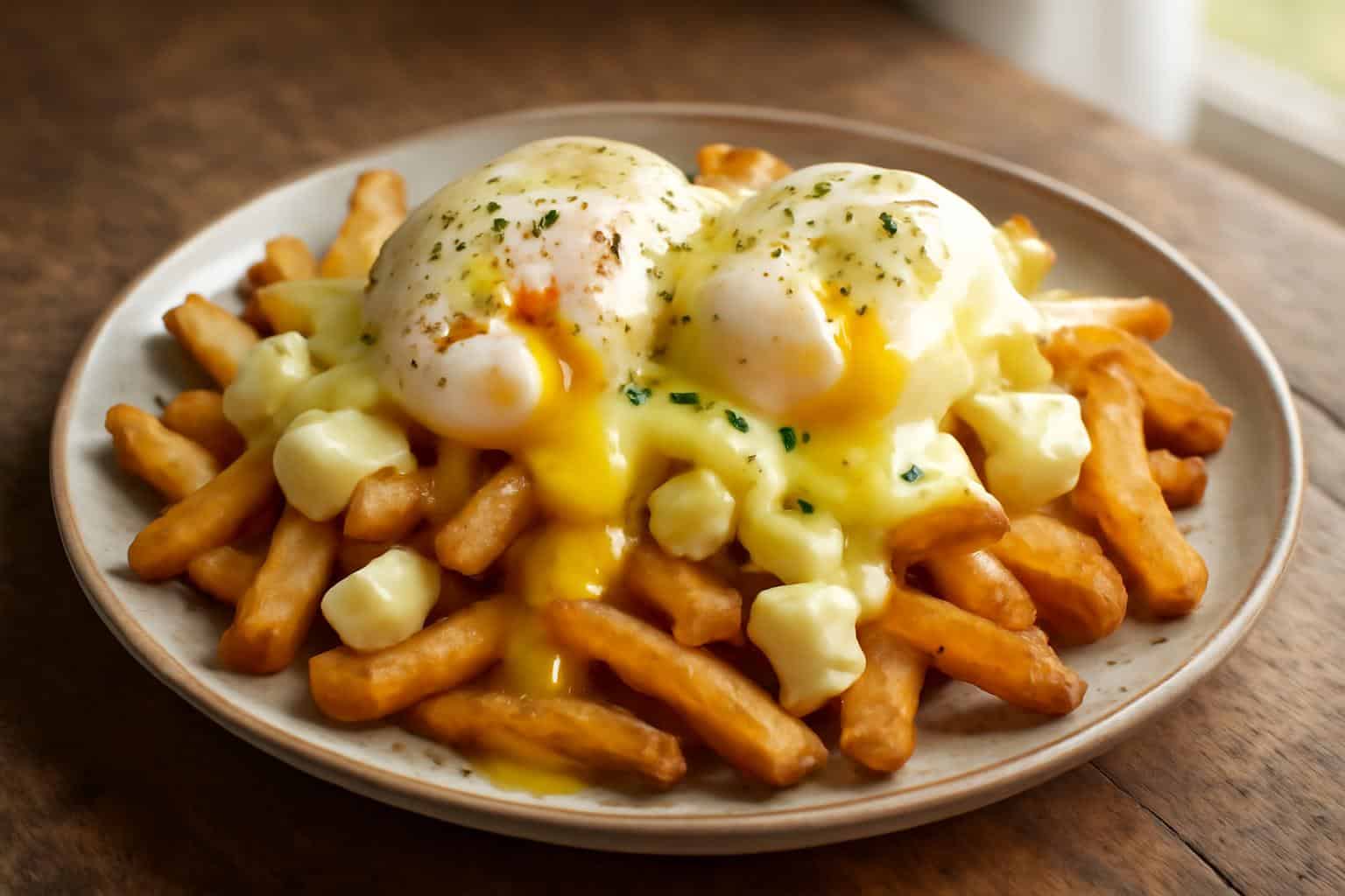Breakfast poutine hollandaise with crispy fries, cheese curds, poached eggs, and creamy hollandaise sauce