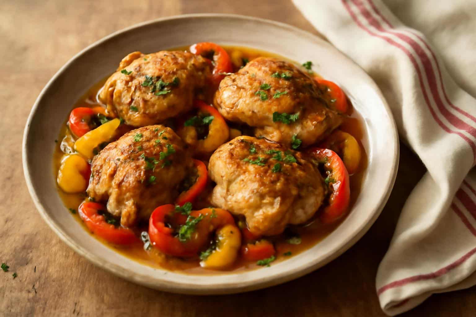 Plate of chicken scarpariello with golden chicken thighs and peppers in sauce, showcasing chicken scarpariello dish