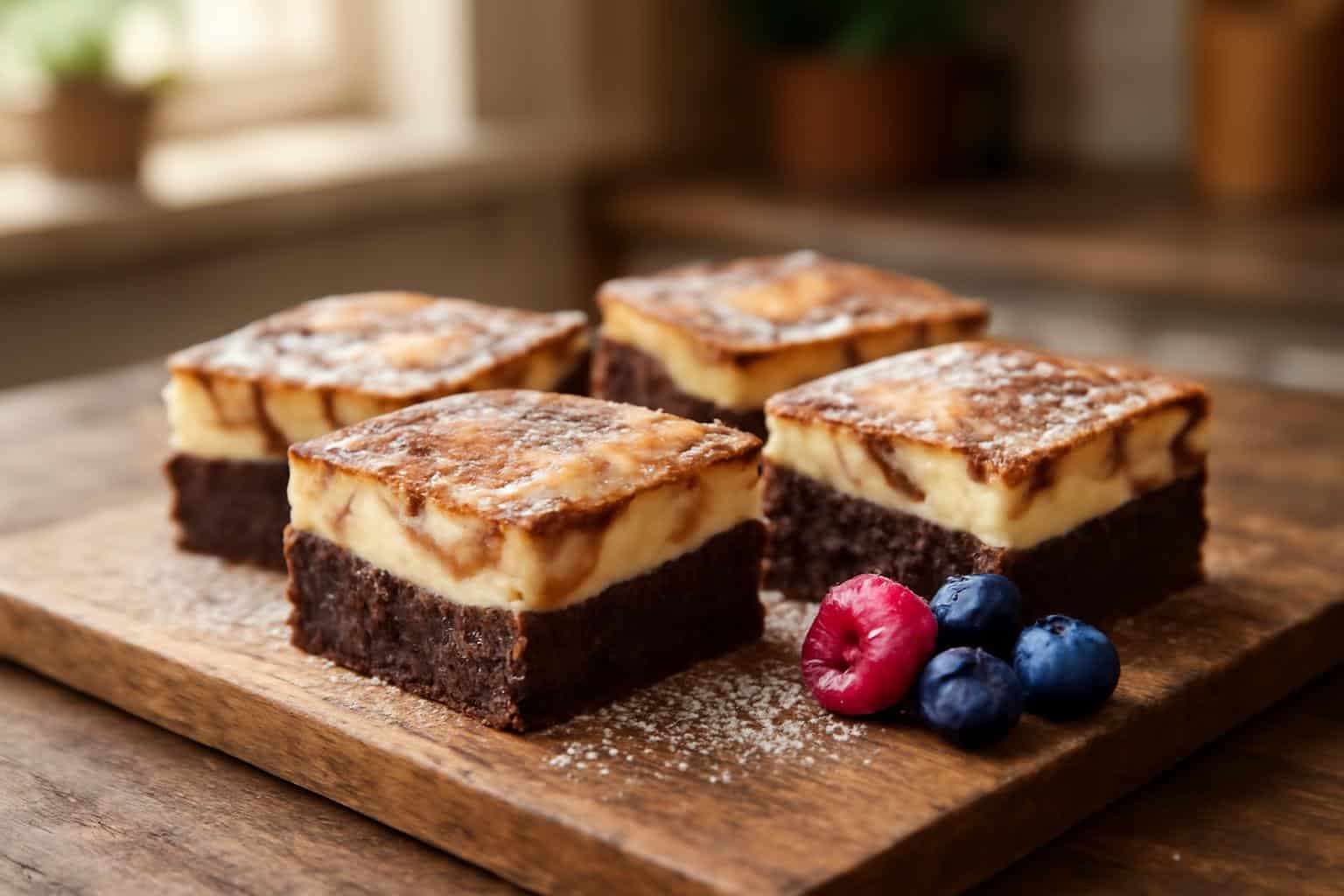 Close-up of creamy cheesecake brownies with a smooth swirled topping and fudgy base