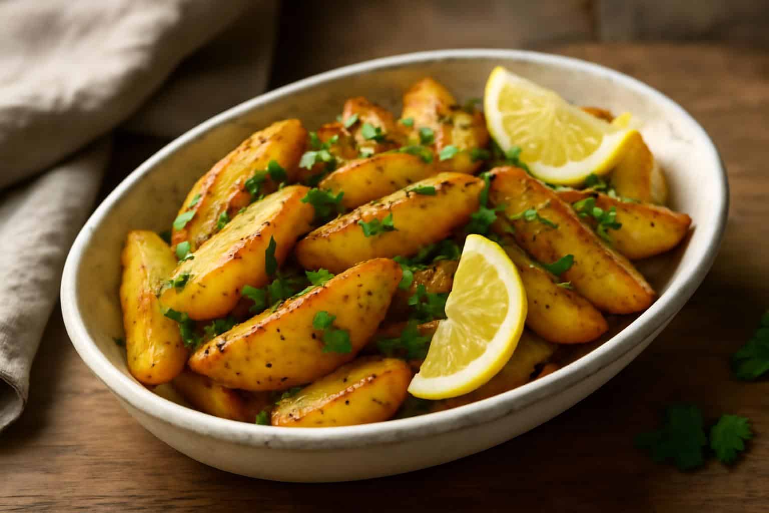 Crispy Greek lemon potatoes garnished with parsley and lemon wedges on a rustic dish