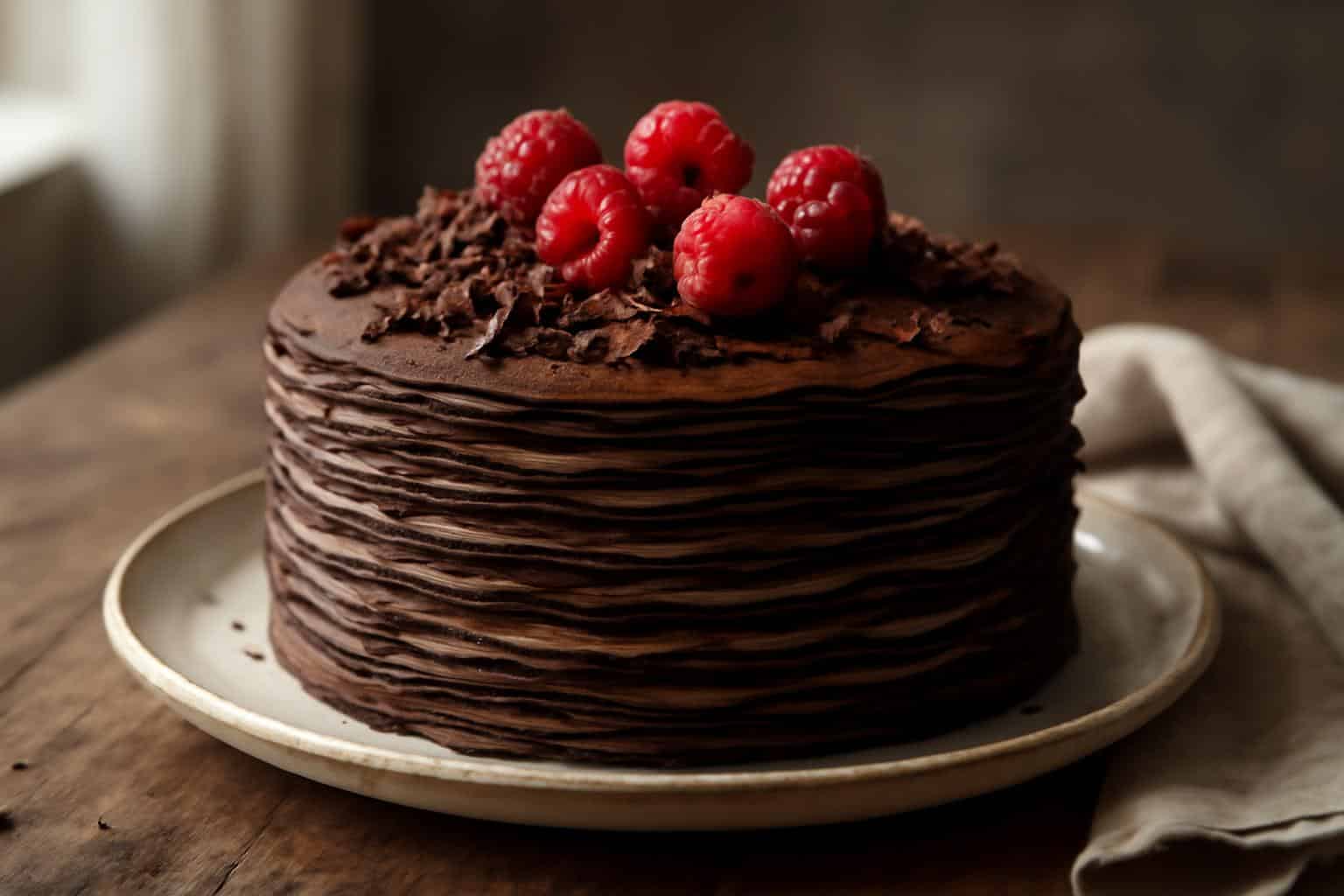 Chocolate crepe cake with creamy layers and chocolate shavings, showcasing the chocolate crepe cake dessert