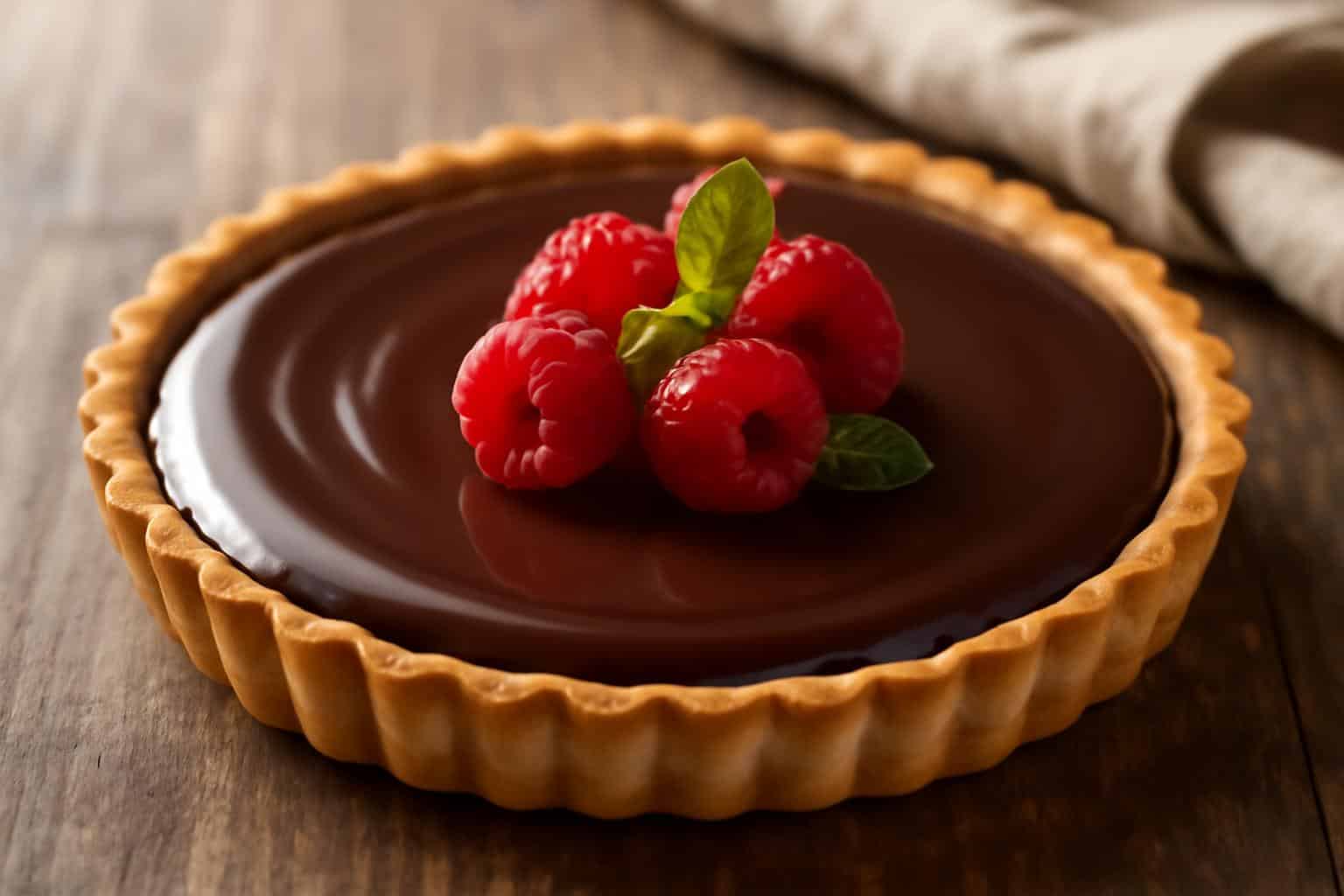 Easy chocolate tart with creamy filling garnished with raspberries and mint