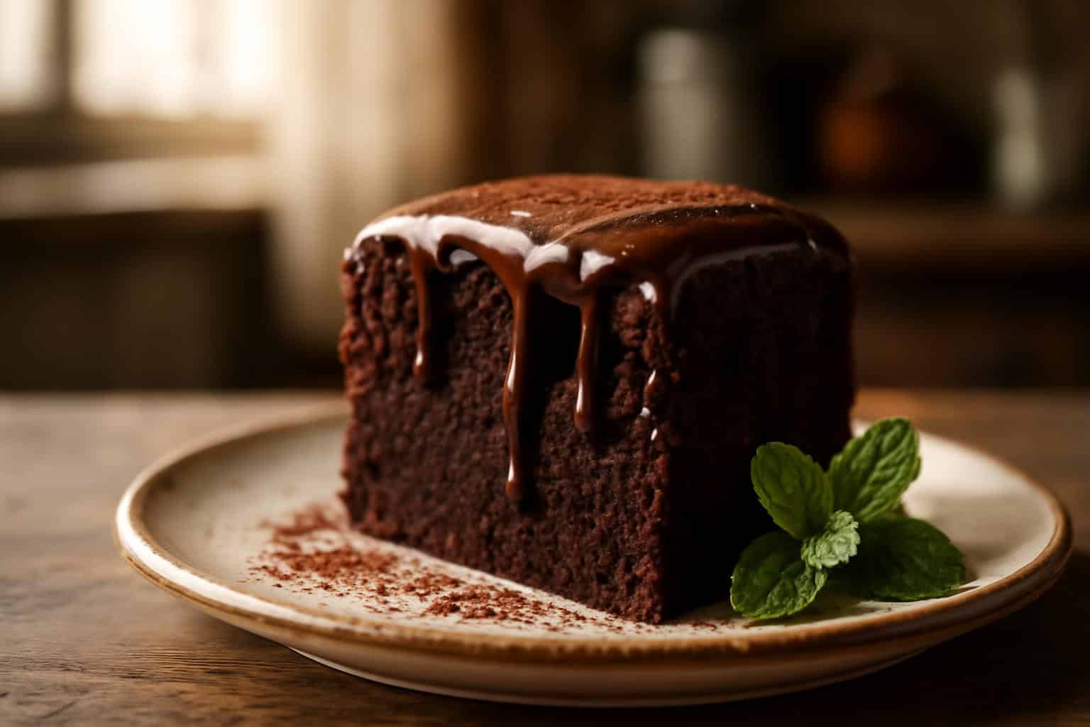 slice of rich and moist easy cocoa cake with chocolate ganache and mint garnish