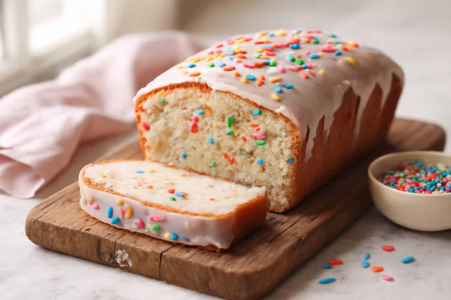 Sliced funfetti loaf with colorful sprinkles showing inside, fresh homemade funfetti loaf on rustic board