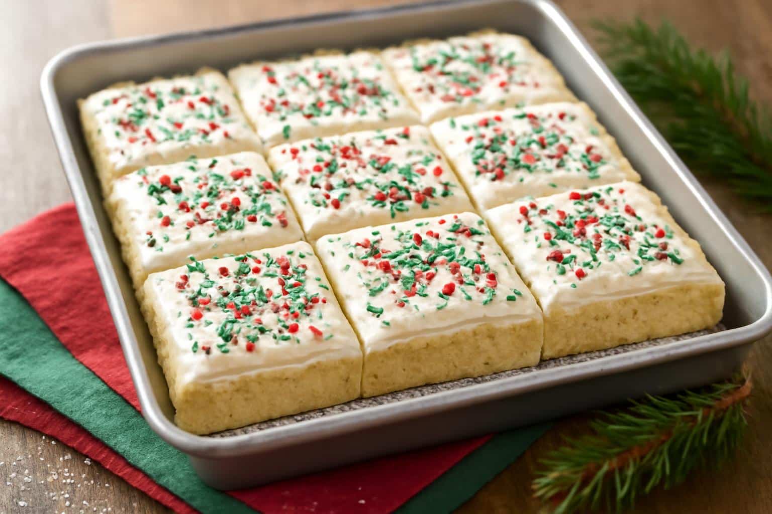 Freshly baked christmas sugar cookie bars with colorful sprinkles and powdered sugar on rustic wooden surface