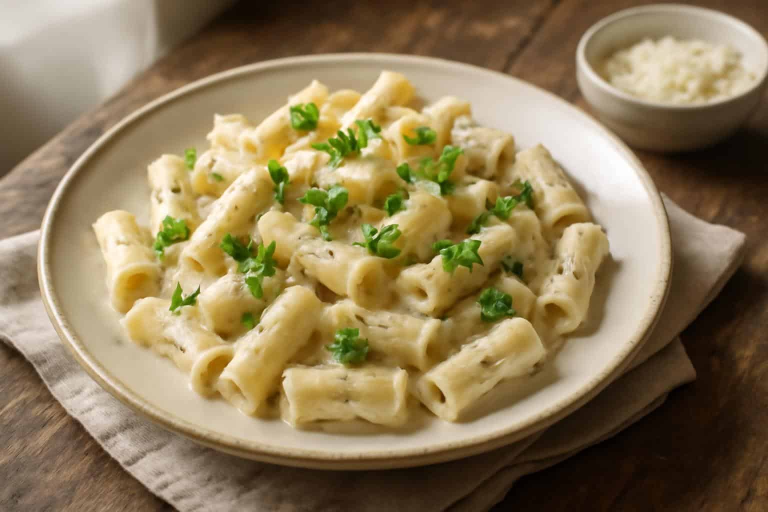 Creamy mozaik pasta garnished with parsley and black pepper, showcasing best easy mozaik pasta