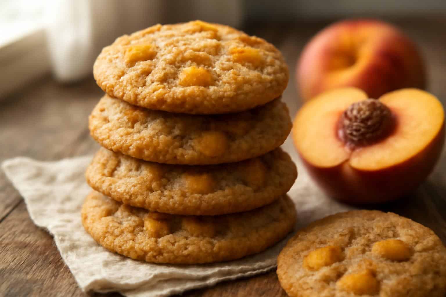Freshly baked peach cobbler cookies with cinnamon sugar and peach pieces on rustic surface