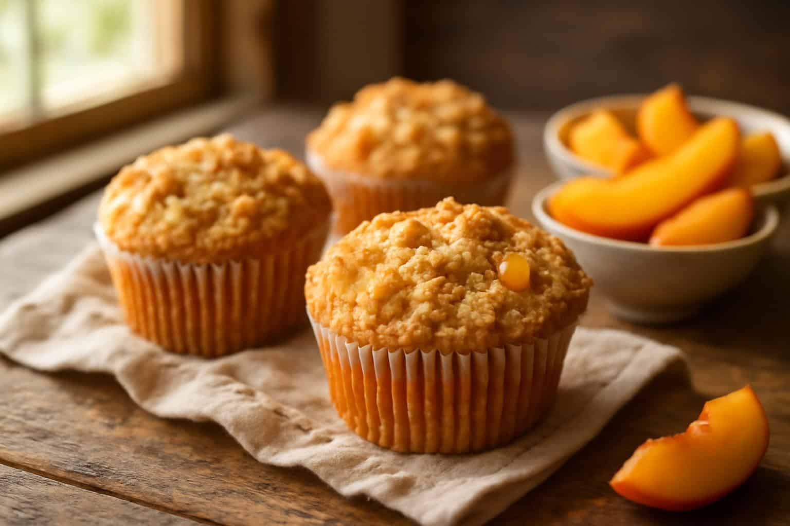 Freshly baked peach cobbler muffins with crunchy crumble topping on rustic wooden table