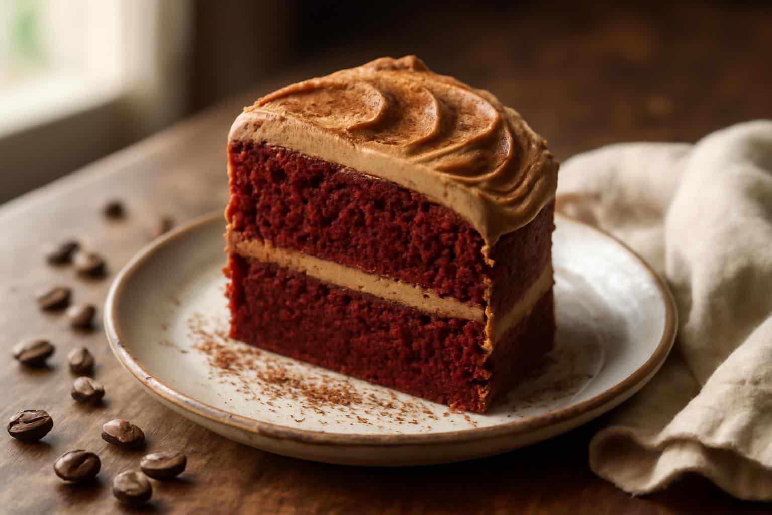 A slice of red velvet mocha cake with creamy mocha frosting and cocoa dusting on rustic plate