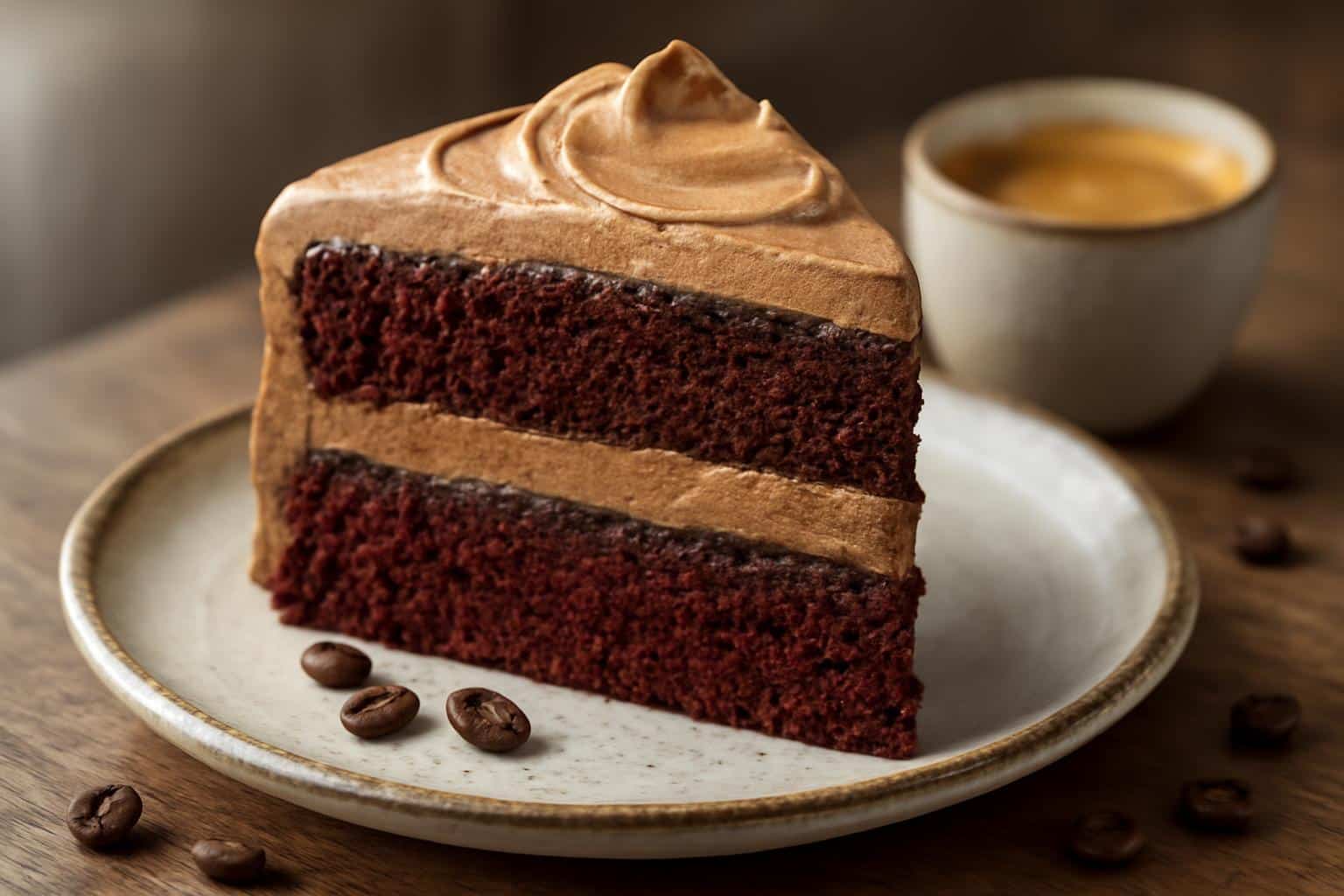 Slice of moist red velvet mocha cake with creamy mocha frosting under natural light