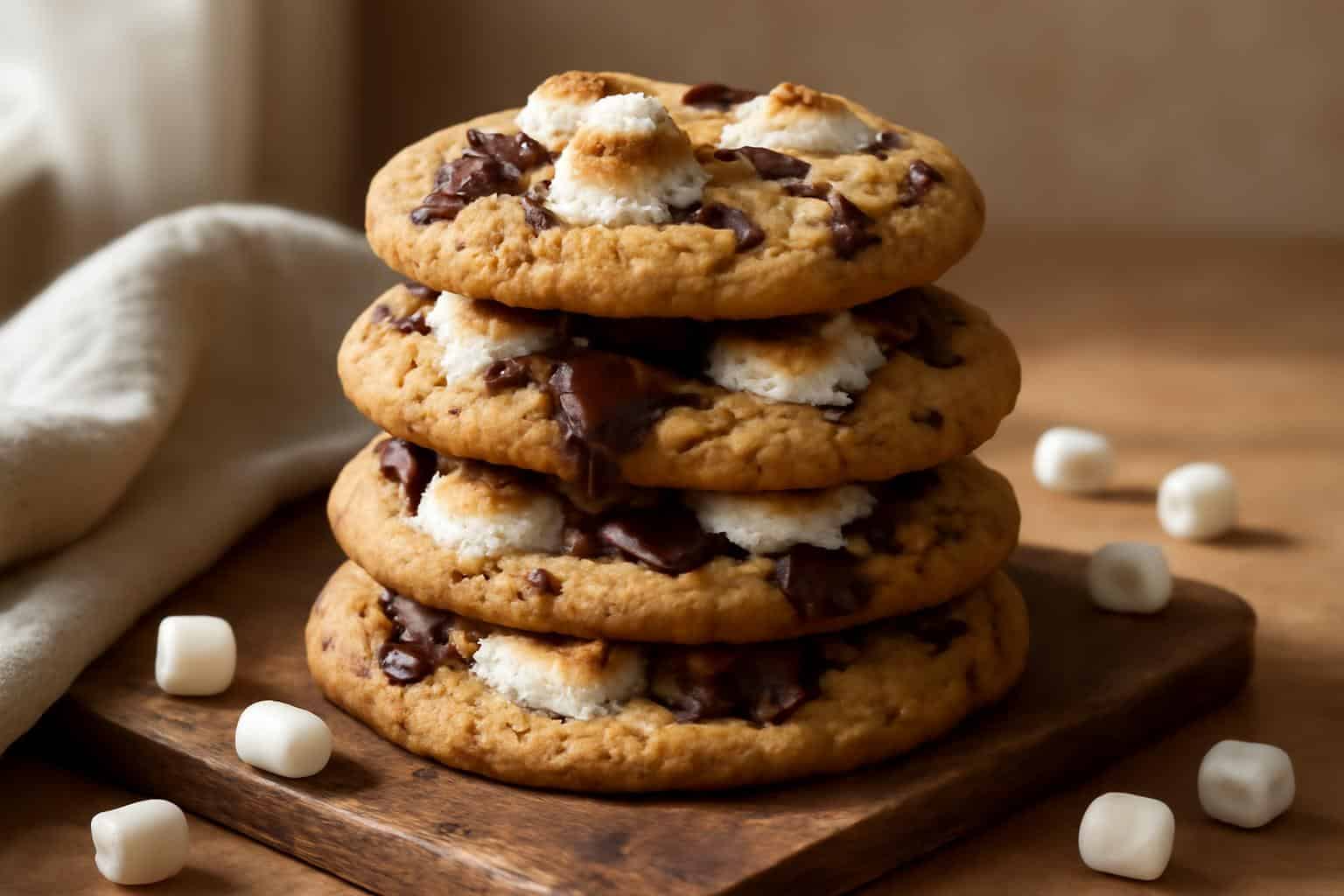 Gooey s'mores chocolate chip cookies freshly baked with melted chocolate and toasted marshmallows
