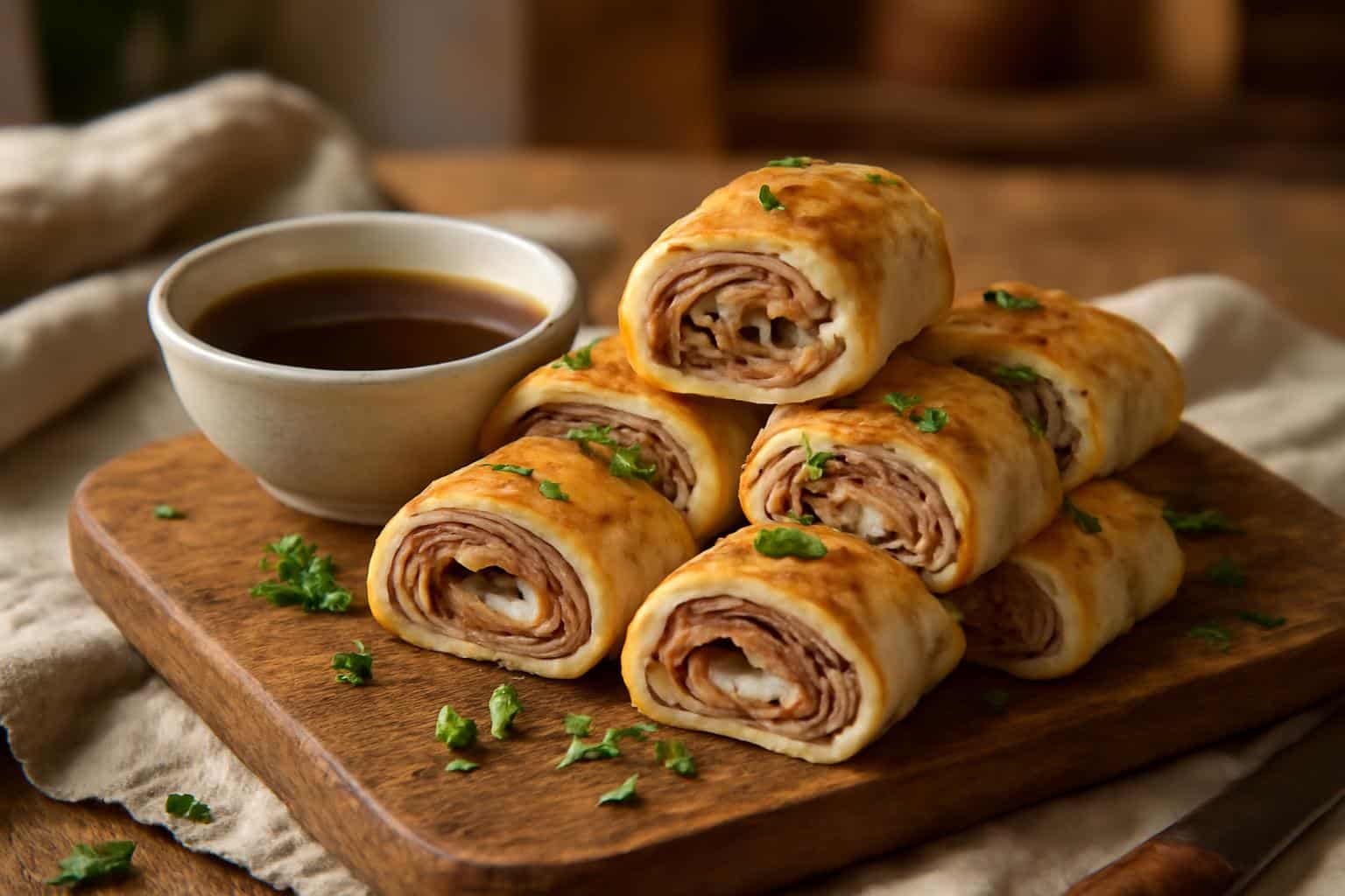 French dip roll ups served with au jus sauce and garnished with parsley
