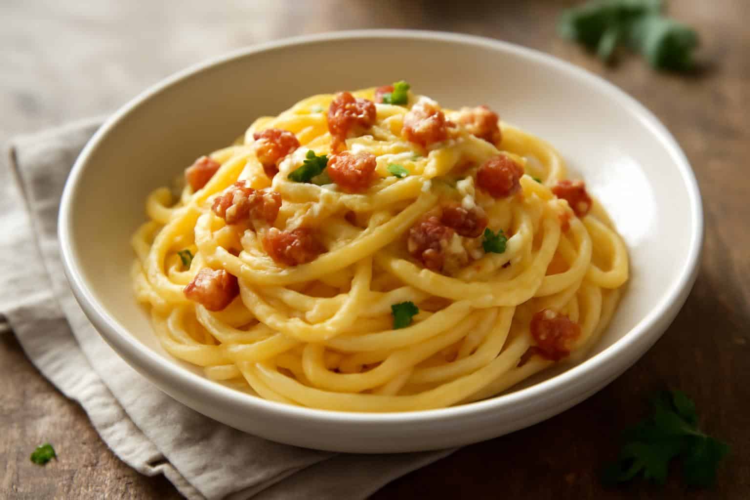 Plate of Gordon Ramsay carbonara pasta with creamy sauce and crispy pancetta