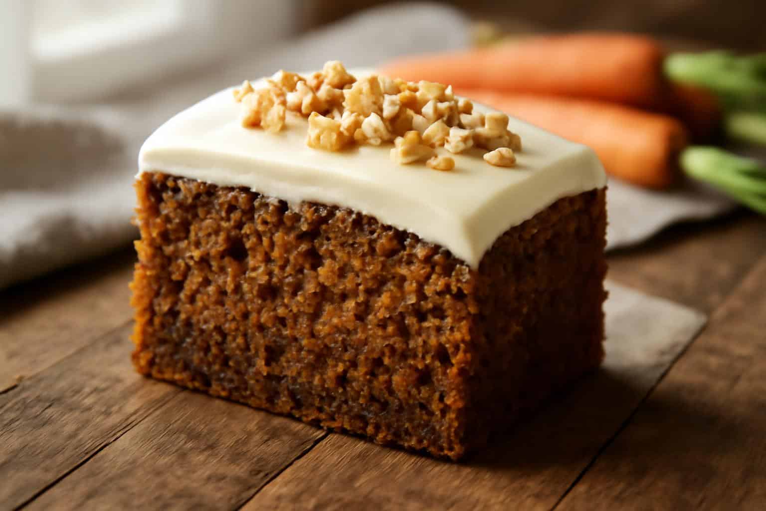 A slice of brown butter carrot cake with cream cheese frosting and chopped walnuts on a rustic plate
