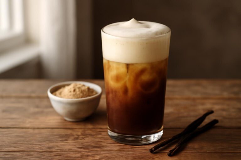 Brown sugar shaken espresso topped with creamy vanilla cold foam in a tall glass