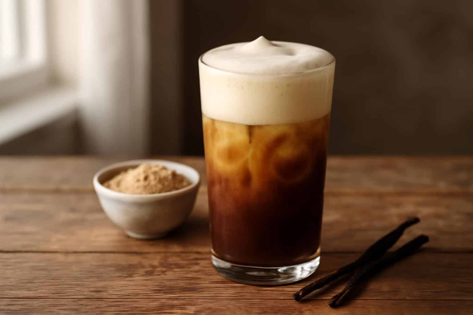 Brown sugar shaken espresso topped with creamy vanilla cold foam in a tall glass