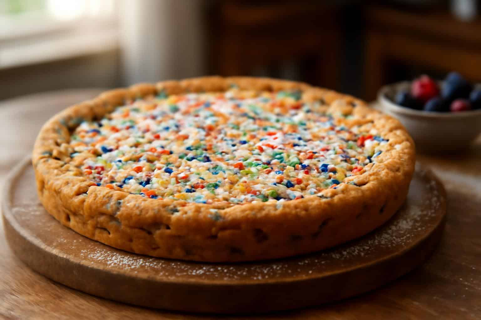 homemade cookie cake topped with sprinkles and powdered sugar on rustic board