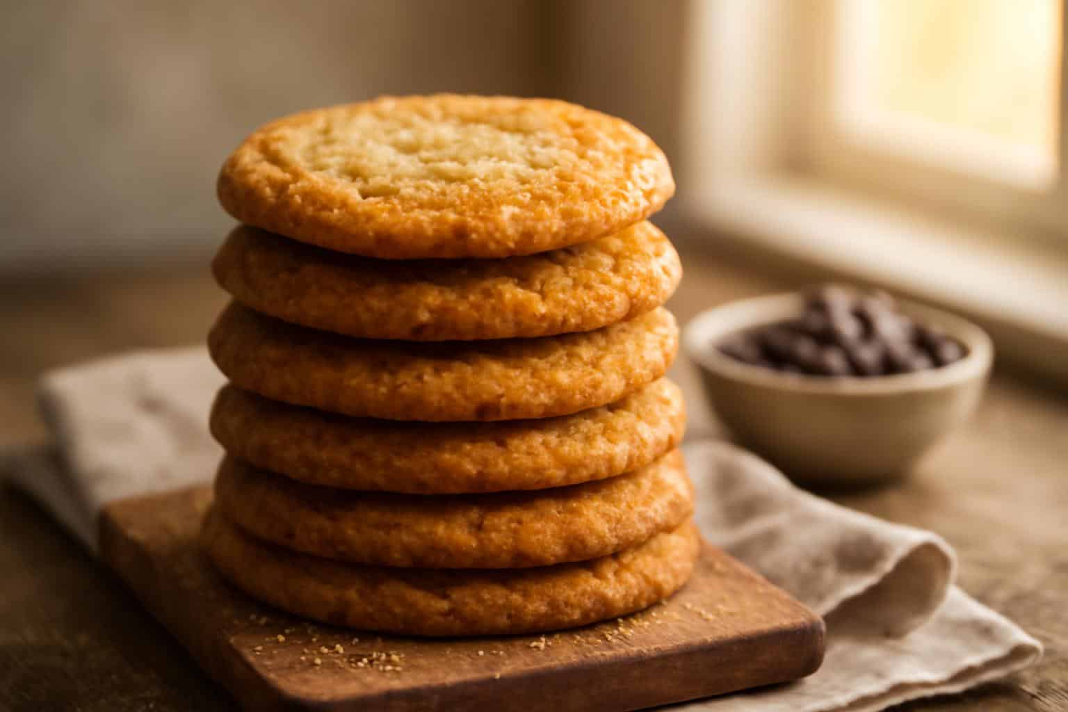 Stack of crispy homemade cookie ideas on rustic wooden board with natural soft light