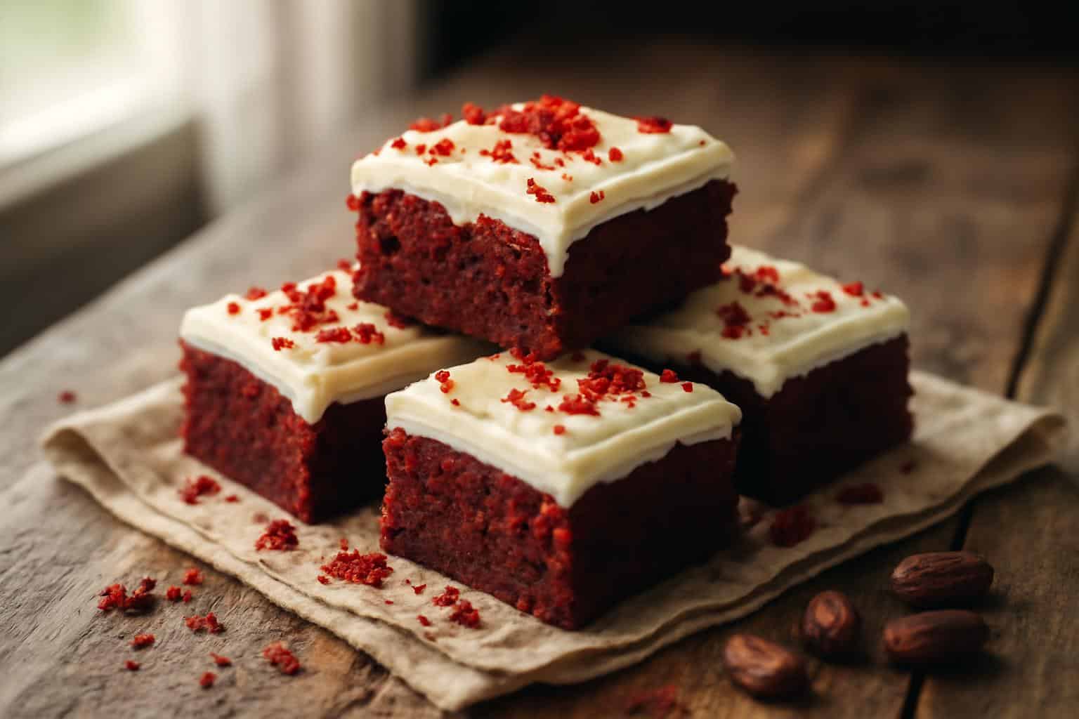 Red velvet brownies with creamy cream cheese frosting on rustic wooden surface