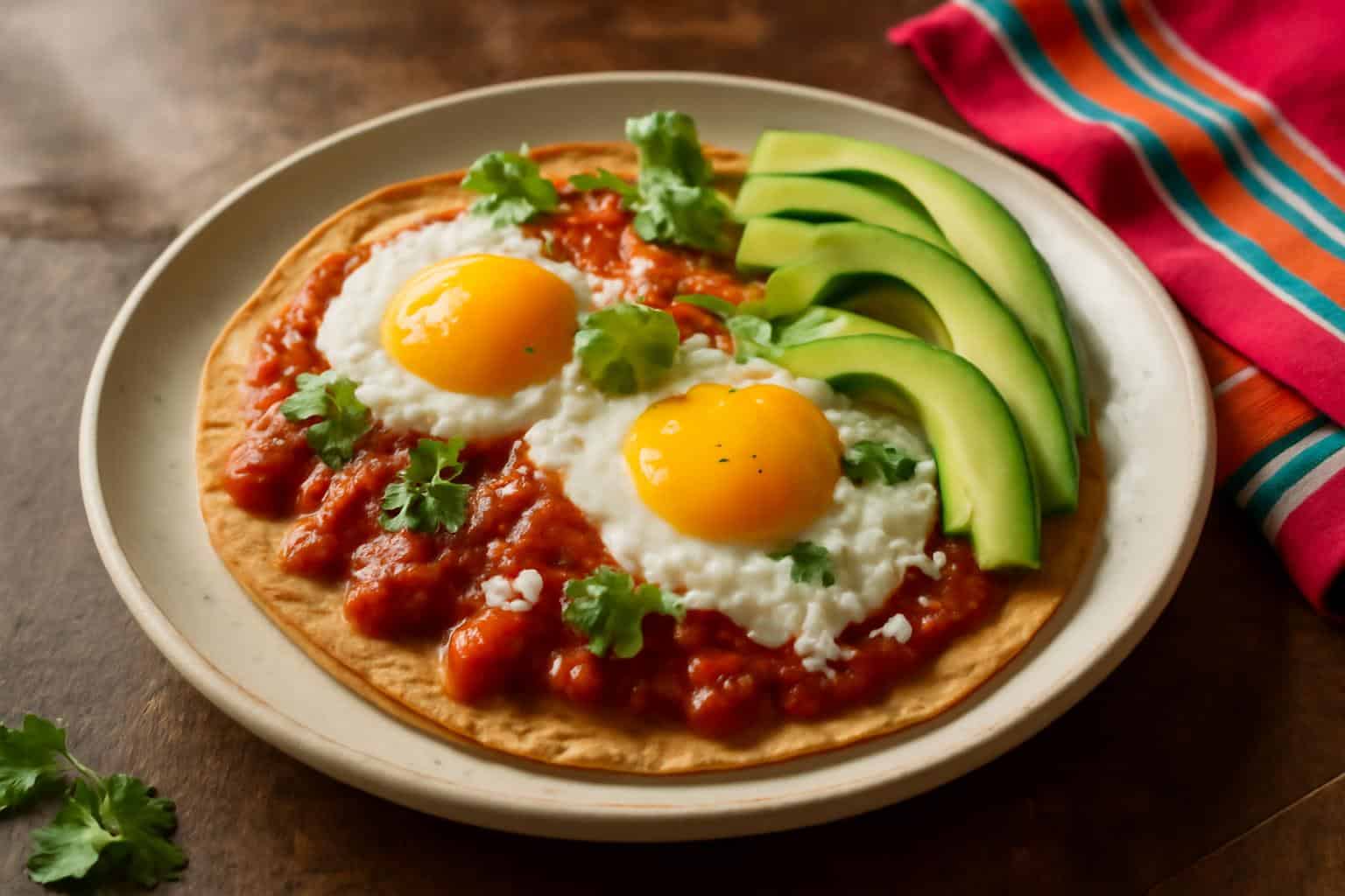 Close-up of huevos rancheros with fried eggs, salsa, avocado, and cilantro for a flavorful breakfast
